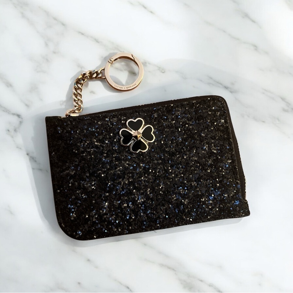 Kate Spade Odette Black Glitter Zip Cardholder Wallet w/ Keychain